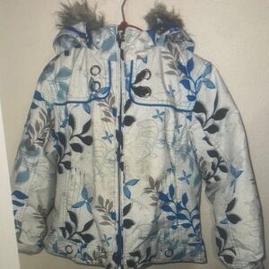 Girls' Blue Floral Winter Jacket with Hood